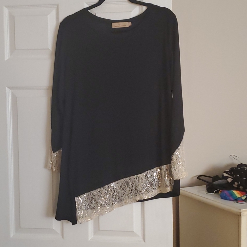 Long Black Top/Dress with Sparkley Cream Trim